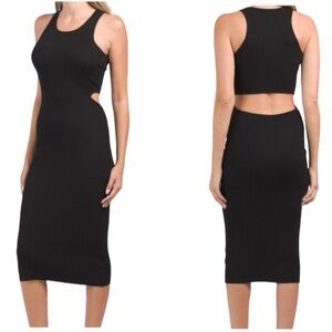 NEW House of Harlow 1960 Black Ribbed Midriff Cutout Bodycon Midi Dress - XS